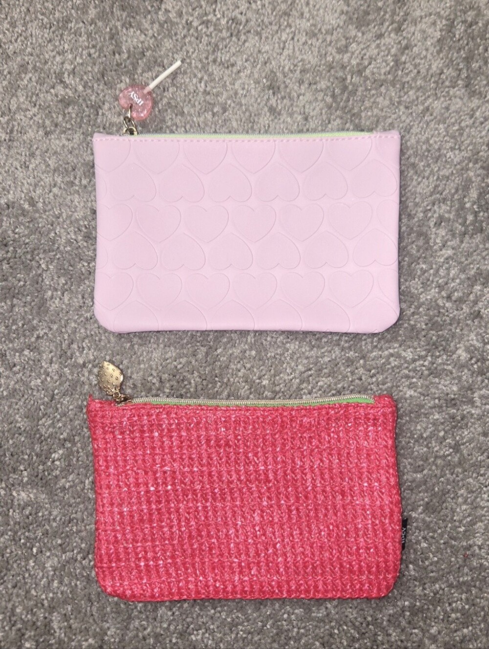 Ipsy Cosmetic Makeup Bag Lot of 2 Pink Heart & Strawberry Zip Pouches